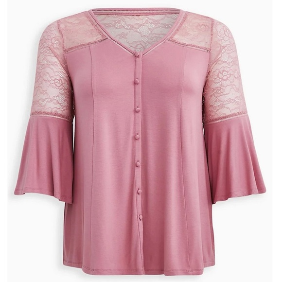 TORRID Super Soft Pink Lace Bell Sleeve V Neck Top Sz 00 or L or 10 Boho NWT - Picture 1 of 15